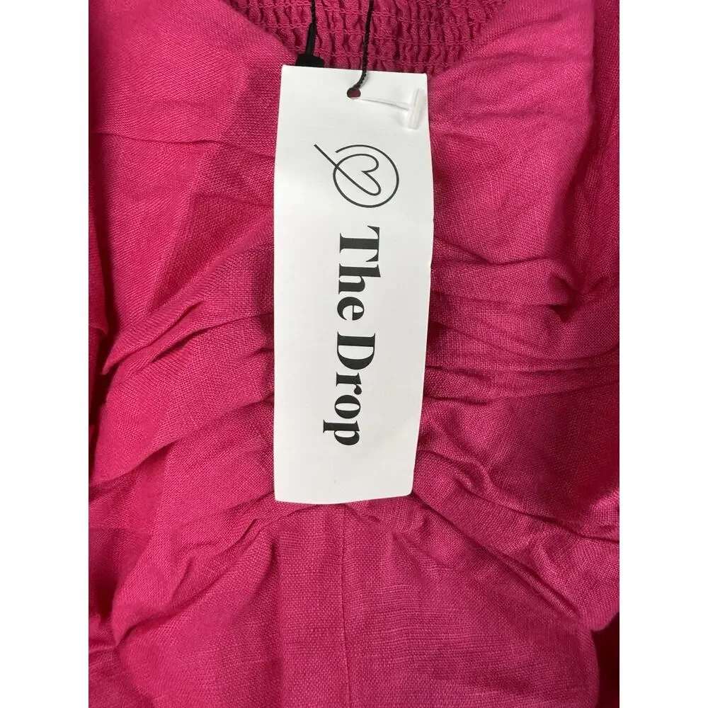 NWT The Drop Womens Nala Hot Pink 100% Linen Mini Dress Puff Sleeve Smocked 2x